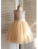 Matte Sequin Champagne Tulle Knee Length Flower Girl Dress